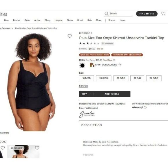 Birdsong ECO ONYX‎ Plus Size 20W Shirred Ruched Underwire Tankini Swim Top Black - Picture 3 of 11